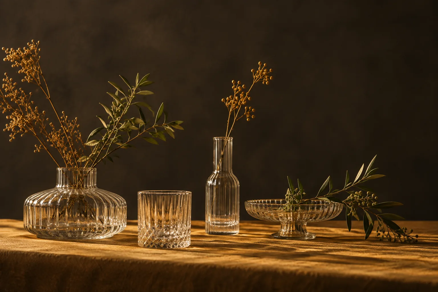 Imagem ilustrativa de vasos e copos de vidro sobre linho ocre em luz quente